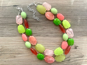 Watermelon Island statement necklace, pink and green, Beaded statement necklace, bib necklace, green necklace, statement jewelry