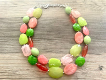 Load image into Gallery viewer, Watermelon Island statement necklace, pink and green, Beaded statement necklace, bib necklace, green necklace, statement jewelry