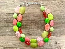 Load image into Gallery viewer, Watermelon Island statement necklace, pink and green, Beaded statement necklace, bib necklace, green necklace, statement jewelry