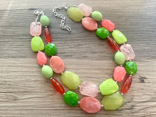 Load image into Gallery viewer, Watermelon Island statement necklace, pink and green, Beaded statement necklace, bib necklace, green necklace, statement jewelry