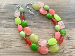 Watermelon Island statement necklace, pink and green, Beaded statement necklace, bib necklace, green necklace, statement jewelry