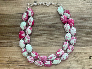 Mint + Magenta statement necklace, Beaded statement necklace, bib necklace, green and pink necklace, statement jewelry, hot pink mint green