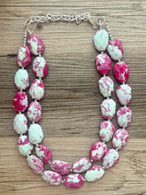 Load image into Gallery viewer, Mint + Magenta statement necklace, Beaded statement necklace, bib necklace, green and pink necklace, statement jewelry, hot pink mint green