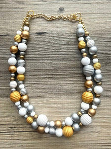 Black Silver & Resin Chunky Statement Necklace Double Strand Beaded jewelry, bridesmaid bib wedding shimmer bubble necklace