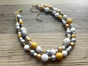 Black Silver & Resin Chunky Statement Necklace Double Strand Beaded jewelry, bridesmaid bib wedding shimmer bubble necklace