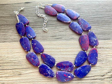 Magenta & Royal Blue Double Layer statement necklace with silver accents, Chunky Jewelry Dark Blue painted beads jewelry