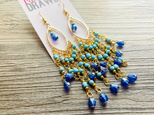 Load image into Gallery viewer, Gold &amp; Blue Flutter Beaded Tassel statement earrings, metal jewelry, gold geometric earrings pierced dangle drop chunky