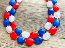 Load image into Gallery viewer, 4th of July Double Layer statement necklace with silver accents - Chunky Jewelry Patriotic America Red White and Blue beads