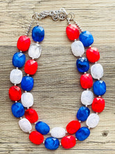 Load image into Gallery viewer, 4th of July Double Layer statement necklace with silver accents - Chunky Jewelry Patriotic America Red White and Blue beads