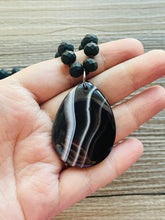 Load image into Gallery viewer, GemStone Chunky Statement Necklace, black striped agate gemstone necklace, long gem jewelry beaded metallic, silver jewelry pendant long