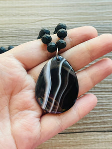 GemStone Chunky Statement Necklace, black striped agate gemstone necklace, long gem jewelry beaded metallic, silver jewelry pendant long