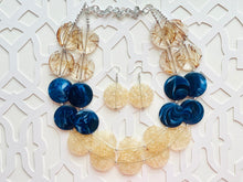 Load image into Gallery viewer, Champagne Crackle Navy Blue &amp; Brown Chunky Statement Necklace, Big beaded jewelry, light brown chunky champagne jewelry, earrings bead