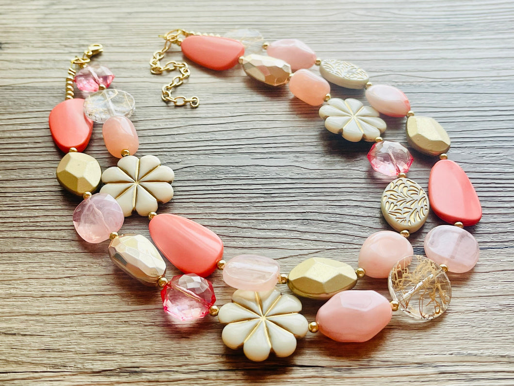 Love & Light Statement Necklace, chunky bib beaded jewelry, Rainbow jewelry, coral peach gold acrylic jewelry pink resin