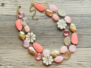 Love & Light Statement Necklace, chunky bib beaded jewelry, Rainbow jewelry, coral peach gold acrylic jewelry pink resin