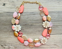 Load image into Gallery viewer, Love &amp; Light Statement Necklace, chunky bib beaded jewelry, Rainbow jewelry, coral peach gold acrylic jewelry pink resin