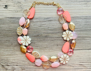 Love & Light Statement Necklace, chunky bib beaded jewelry, Rainbow jewelry, coral peach gold acrylic jewelry pink resin