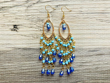 Load image into Gallery viewer, Gold &amp; Blue Flutter Beaded Tassel statement earrings, metal jewelry, gold geometric earrings pierced dangle drop chunky