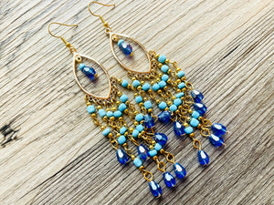 Gold & Blue Flutter Beaded Tassel statement earrings, metal jewelry, gold geometric earrings pierced dangle drop chunky