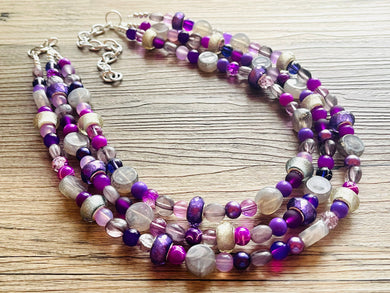 Purple Party Jewel Statement Necklace, chunky bib beaded jewelry, Summer gray necklace, beaded acrylic jewelry dark purple eggplant lavender
