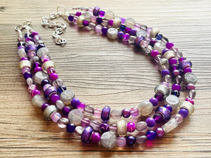 Purple Party Jewel Statement Necklace, chunky bib beaded jewelry, Summer gray necklace, beaded acrylic jewelry dark purple eggplant lavender