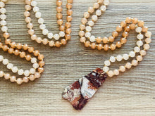 Load image into Gallery viewer, GemStone Chunky Statement Necklace, brown red striped gemstone necklace, long gem jewelry beaded necklace, agate jewelry pendant long