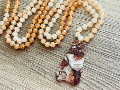 GemStone Chunky Statement Necklace, brown red striped gemstone necklace, long gem jewelry beaded necklace, agate jewelry pendant long