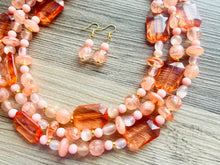 Load image into Gallery viewer, Peach &amp; Coral Beach Necklace, Bright Coral Pink Orange Beaded Jewelry, Statement Chunky Bub Silver creamsicle, earring jewelry set