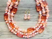 Load image into Gallery viewer, Peach &amp; Coral Beach Necklace, Bright Coral Pink Orange Beaded Jewelry, Statement Chunky Bub Silver creamsicle, earring jewelry set