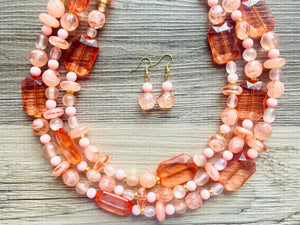 Peach & Coral Beach Necklace, Bright Coral Pink Orange Beaded Jewelry, Statement Chunky Bub Silver creamsicle, earring jewelry set