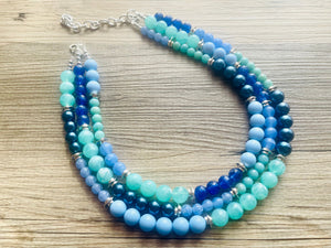 Tributaries Statement Necklace, chunky bib beaded jewelry, Summer blue aqua necklace, beaded glass jewelry mint green navy teal chambray