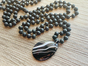 GemStone Chunky Statement Necklace, black striped agate gemstone necklace, long gem jewelry beaded metallic, silver jewelry pendant long