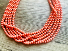 Load image into Gallery viewer, Chunky Multi Strand Peach Statement Necklace, pink - orange beaded jewelry, peach necklace, coral jewelry, peach bridesmaid, dressy