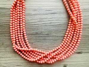 Chunky Multi Strand Peach Statement Necklace, pink - orange beaded jewelry, peach necklace, coral jewelry, peach bridesmaid, dressy