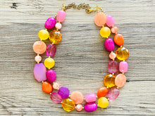 Load image into Gallery viewer, Flamingo Pink Statement Necklace, Purple Chunky Beaded Necklace Jewelry Necklace, Hot pink Necklace, magenta beaded orange yellow