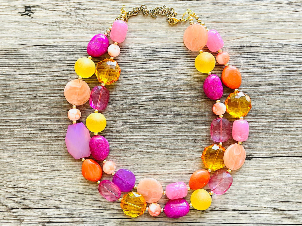 Flamingo Pink Statement Necklace, Purple Chunky Beaded Necklace Jewelry Necklace, Hot pink Necklace, magenta beaded orange yellow