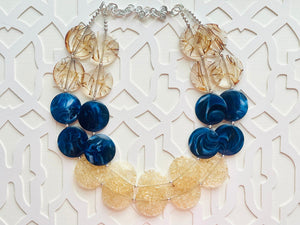 Champagne Crackle Navy Blue & Brown Chunky Statement Necklace, Big beaded jewelry, light brown chunky champagne jewelry, earrings bead