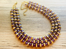 Load image into Gallery viewer, Grape Glass &amp; gold Sparkle Statement Necklace, Chunky 3 Strand Jewelry, purple necklace silver necklace, dark purple eggplant bib necklace