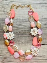 Load image into Gallery viewer, Love &amp; Light Statement Necklace, chunky bib beaded jewelry, Rainbow jewelry, coral peach gold acrylic jewelry pink resin