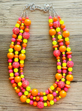 Load image into Gallery viewer, Buzzing Like Neon Statement Necklace, chunky bib beaded jewelry, Summer pink yellow orange necklace, beaded acrylic jewelry hot pink