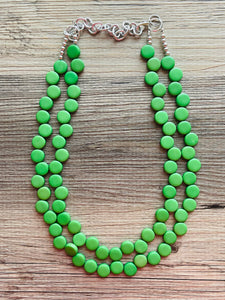 Green Double Statement Necklace, Chunky Jewelry Big Beaded Necklace, colorful Necklace, dark grass green white Jewelry bubble Earrings