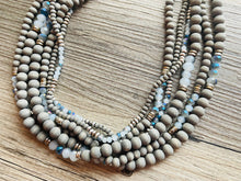 Load image into Gallery viewer, Gray Skys &amp; Silver Blues statement Necklace, dyed gray wood beaded chunky bib wedding crystals, dark navy blue 6 strand jewelry, chunky bib