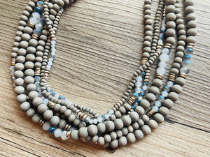 Gray Skys & Silver Blues statement Necklace, dyed gray wood beaded chunky bib wedding crystals, dark navy blue 6 strand jewelry, chunky bib