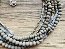 Load image into Gallery viewer, Gray Skys &amp; Silver Blues statement Necklace, dyed gray wood beaded chunky bib wedding crystals, dark navy blue 6 strand jewelry, chunky bib