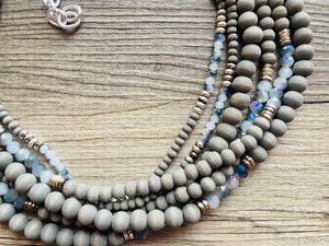 Gray Skys & Silver Blues statement Necklace, dyed gray wood beaded chunky bib wedding crystals, dark navy blue 6 strand jewelry, chunky bib