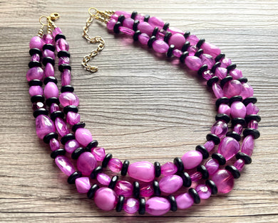 Orchid Purple + Black Chunky Statement Necklace, Big beaded jewelry, Triple Strand Statement Necklace, Bib gold, bridesmaid wedding