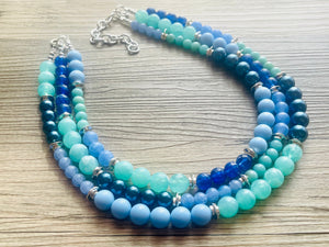 Tributaries Statement Necklace, chunky bib beaded jewelry, Summer blue aqua necklace, beaded glass jewelry mint green navy teal chambray