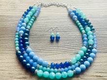 Load image into Gallery viewer, Tributaries Statement Necklace, chunky bib beaded jewelry, Summer blue aqua necklace, beaded glass jewelry mint green navy teal chambray