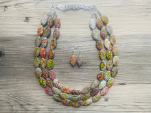 Load image into Gallery viewer, Speckled Watermelon Chunky Statement Necklace, Big beaded jewelry, 3 Strand bib chunky Necklace, gray green red silver earrings set jewelry