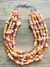 Load image into Gallery viewer, Chunky Multi Strand Peach Statement Necklace, pink - orange beaded jewelry, peach necklace, thick coral jewelry, peach bridesmaid 5