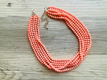 Load image into Gallery viewer, Chunky Multi Strand Peach Statement Necklace, pink - orange beaded jewelry, peach necklace, coral jewelry, peach bridesmaid, dressy